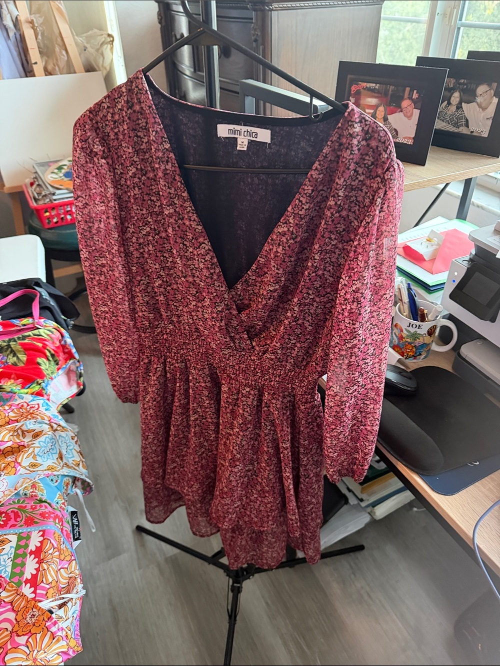 Mimi Chica Burgundy Floral V-Neck Wrap Dress